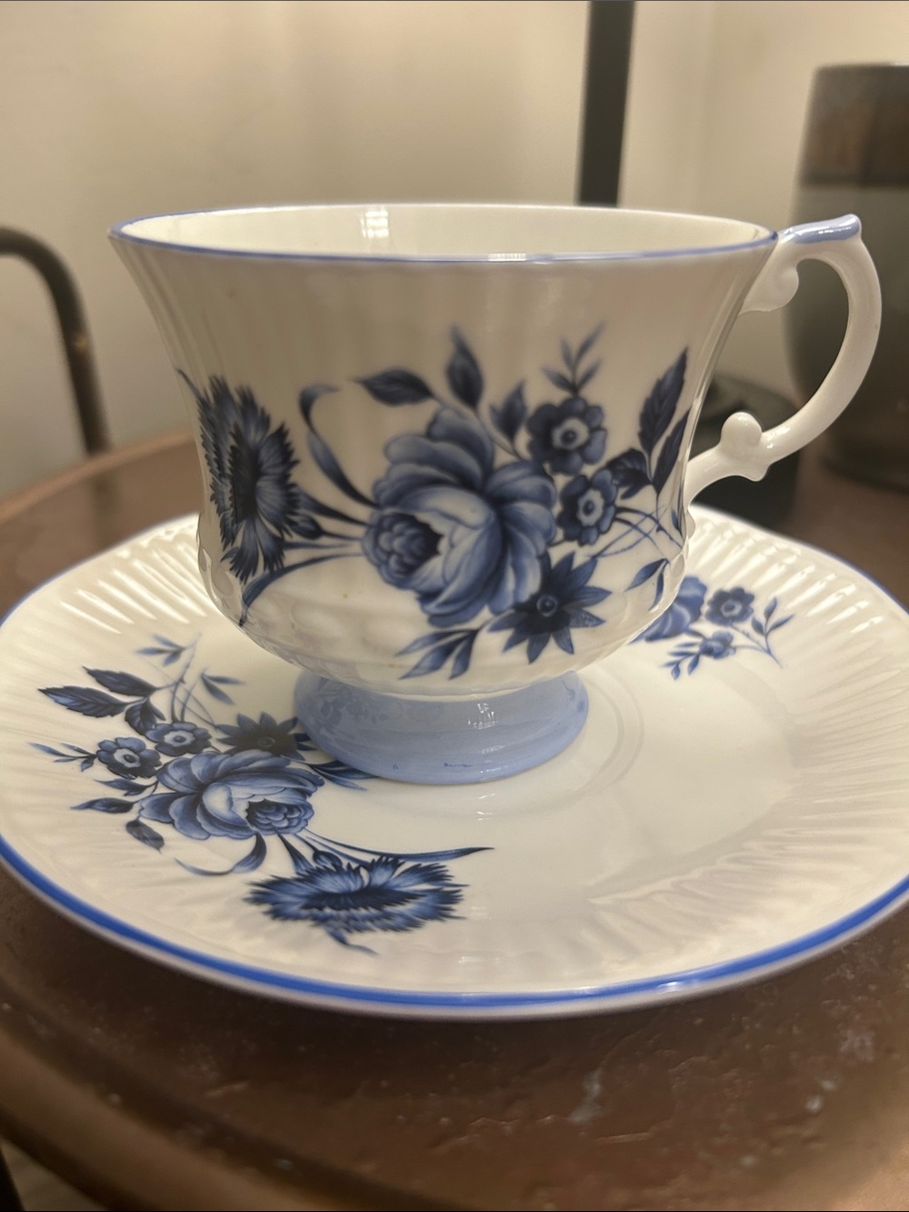 Vintage Royal Crest Blue Floral Porcelain Teacup and Saucer